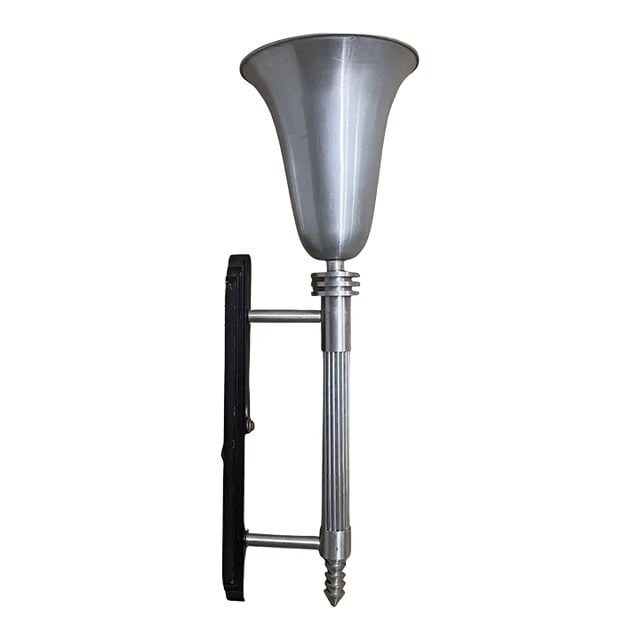 Large 30" Machine Age Spun Aluminum & Steel Torchiere Wall Sconce, 4 Available: Title: Large 30" Machine Age Spun Aluminum & Steel Torchiere Wall Sconce, 4 Available Description: Large 30" Tall 1930s Art Deco/Machine Age aluminum and steel Wall Sconce finished with a mix of machi