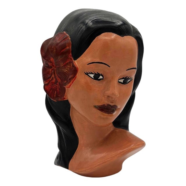 1968 California Art Pottery Hawaiian Polynesian Hula Girl Bust Statue, Signed (1 of 6)