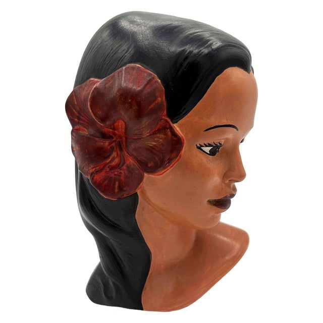 1968 California Art Pottery Hawaiian Polynesian Hula Girl Bust Statue, Signed - 2