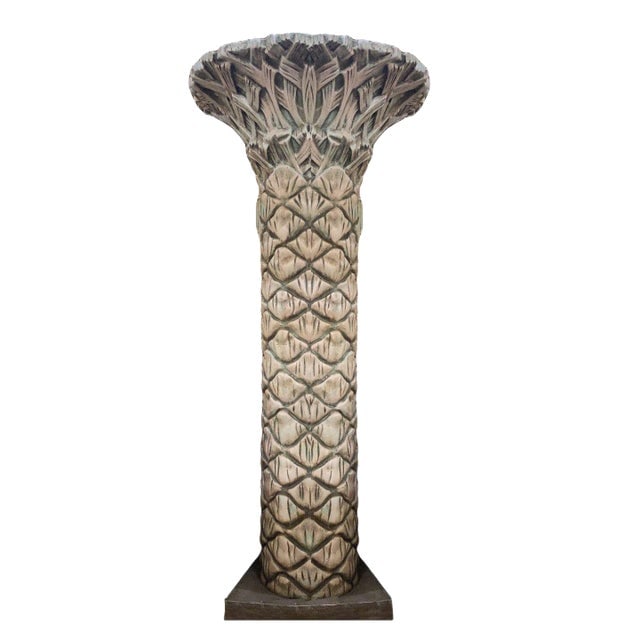 10-Foot Fiberglass Art Deco Grand Palm Tree Architectural Column, 2 Available: Title: 10-Foot Fiberglass Art Deco Grand Palm Tree Architectural Column, 2 Available Description: Large 10-foot-tall hand-painted cast fiberglass Art Deco style organic column originally made for the 