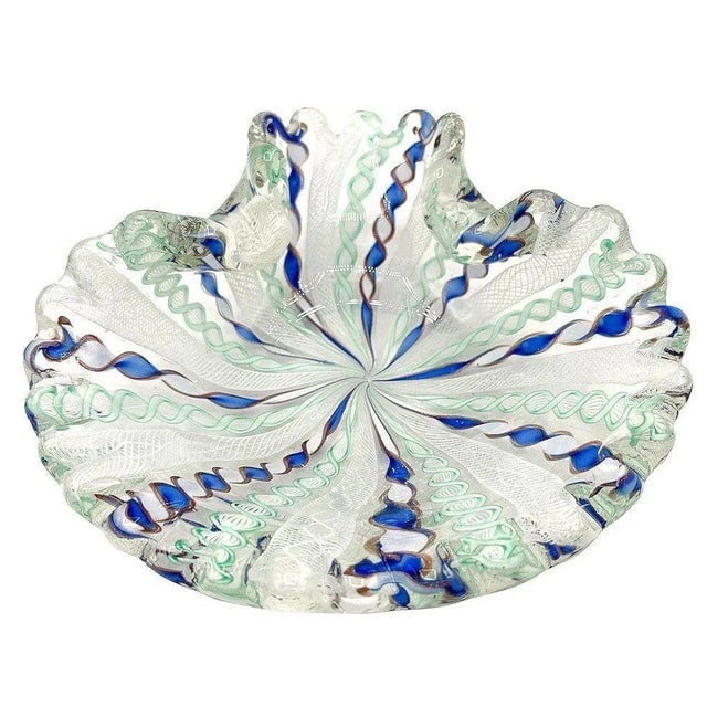 1960s Zanfircio Murano Attributed Art Glass Shell Dish Green Latticino Ribbons by Salviati - 2