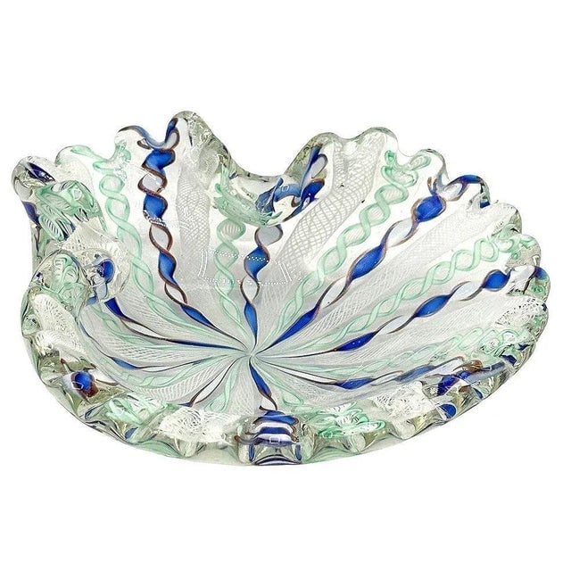1960s Zanfircio Murano Attributed Art Glass Shell Dish Green Latticino Ribbons by Salviati - 3