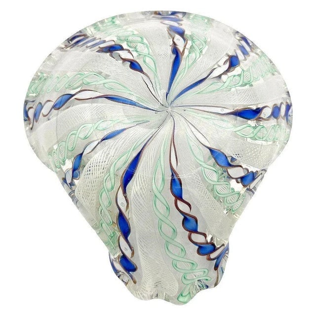1960s Zanfircio Murano Attributed Art Glass Shell Dish Green Latticino Ribbons by Salviati - 5