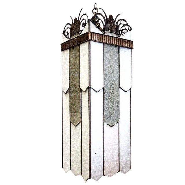 Early 20th Century Early 20th Century Large Art Deco Geometric Leaded Glass Chandelier With: Title: Early 20th Century Early 20th Century Large Art Deco Geometric Leaded Glass Chandelier With Scrolling Top Description: Rare historic bespoke Art Deco theater chandelier made for a Los Angeles M