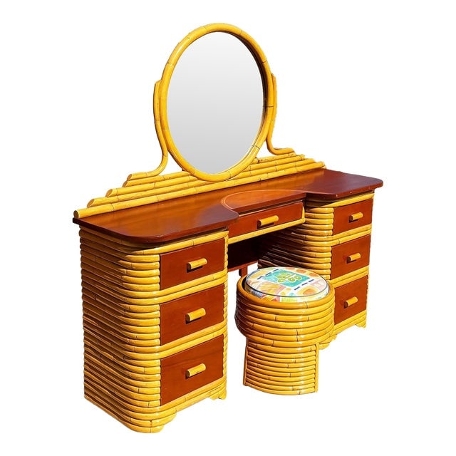 Mid 20th Century Restored Art Deco Frankl Style Stacked Rattan Vanity W/ Round Mirror & Stool (1 of 12)