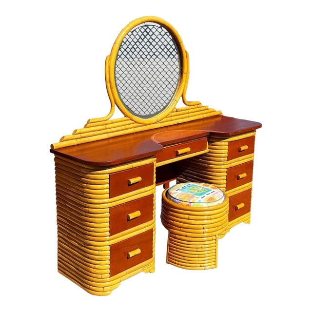 Mid 20th Century Restored Art Deco Frankl Style Stacked Rattan Vanity W/ Round Mirror & Stool - 2