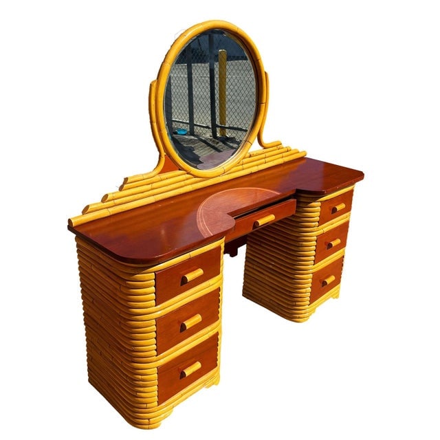 Mid 20th Century Restored Art Deco Frankl Style Stacked Rattan Vanity W/ Round Mirror & Stool - 5