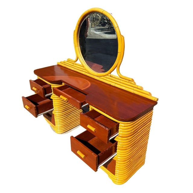 Mid 20th Century Restored Art Deco Frankl Style Stacked Rattan Vanity W/ Round Mirror & Stool - 7
