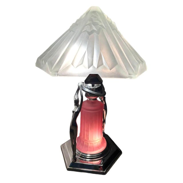 1980s Frankart Era Art Deco Style Chrome Figural Lamp With Vivian Glass Shade - 11