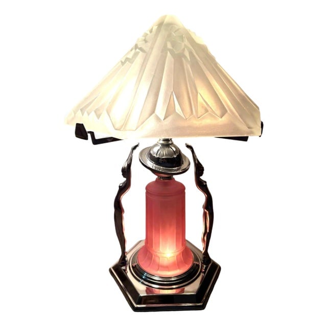 1980s Frankart Era Art Deco Style Chrome Figural Lamp With Vivian Glass Shade (1 of 12)