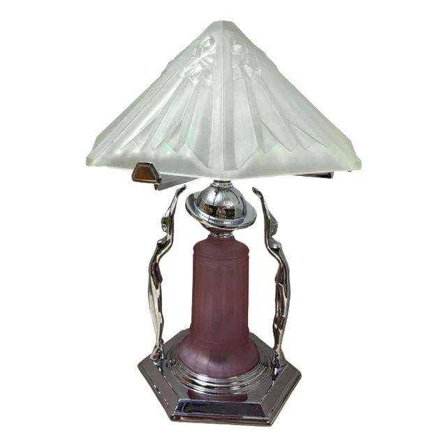 1980s Frankart Era Art Deco Style Chrome Figural Lamp With Vivian Glass Shade - 2