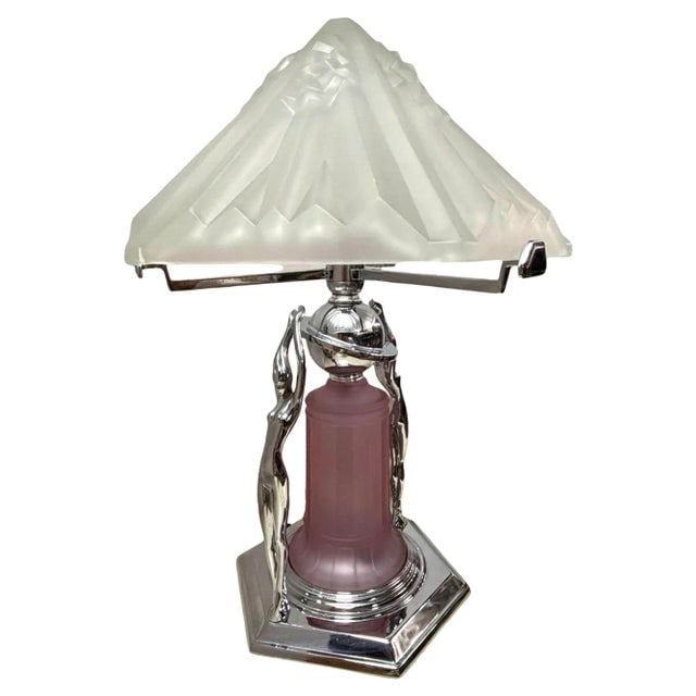 1980s Frankart Era Art Deco Style Chrome Figural Lamp With Vivian Glass Shade - 3