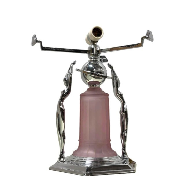1980s Frankart Era Art Deco Style Chrome Figural Lamp With Vivian Glass Shade - 4