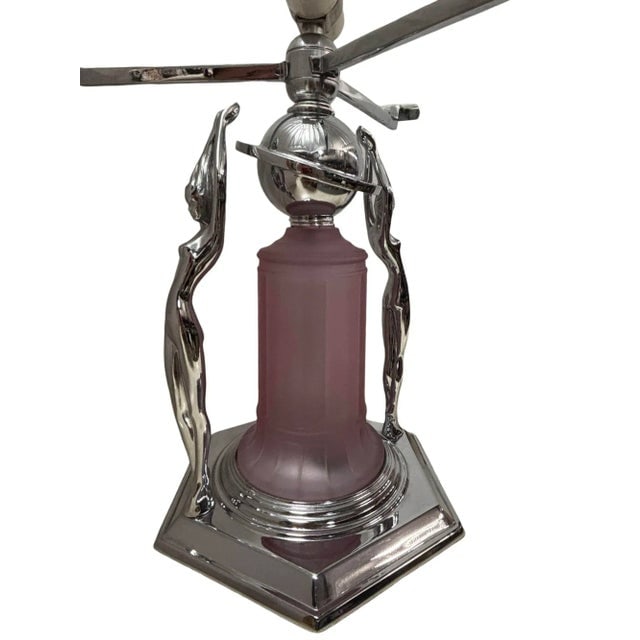1980s Frankart Era Art Deco Style Chrome Figural Lamp With Vivian Glass Shade - 6