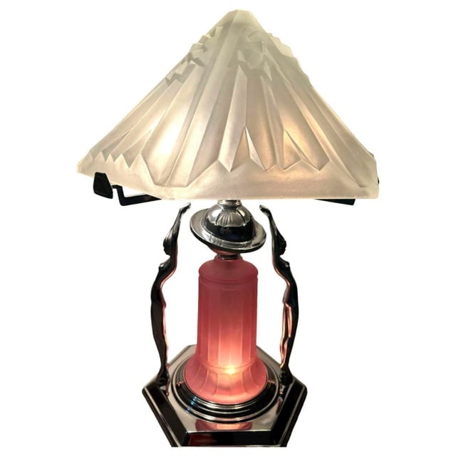 1980s Frankart Era Art Deco Style Chrome Figural Lamp With Vivian Glass Shade - 7