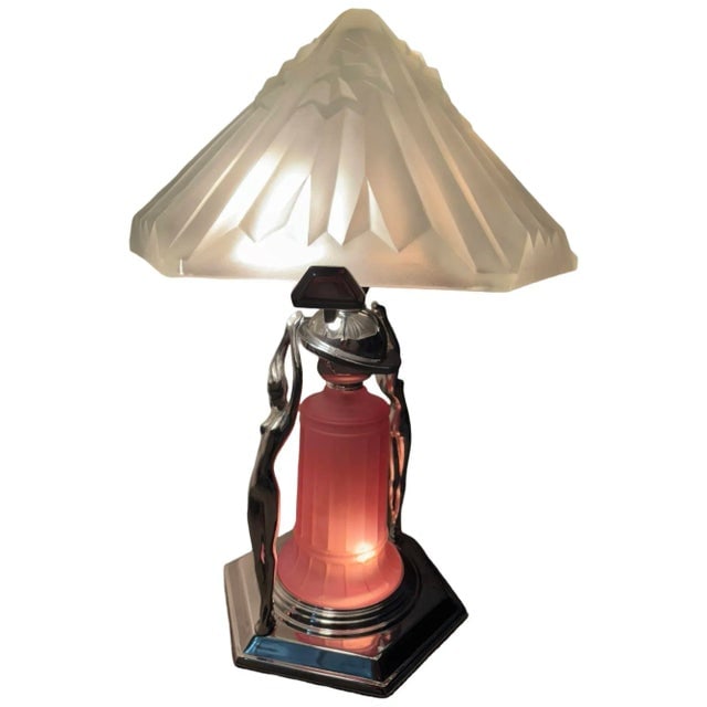 1980s Frankart Era Art Deco Style Chrome Figural Lamp With Vivian Glass Shade - 8