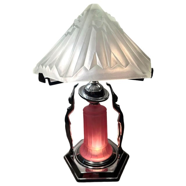 1980s Frankart Era Art Deco Style Chrome Figural Lamp With Vivian Glass Shade - 9