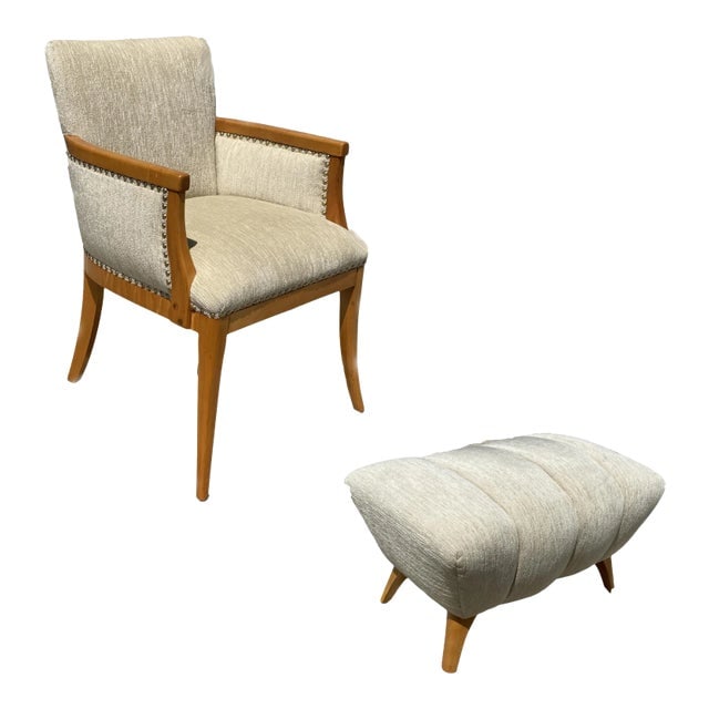 Mid Century Reading Chair & Ottoman by Heywood Wakefield: Title: Mid Century Reading Chair & Ottoman by Heywood Wakefield Description: Circa 1950 modern Heywood Wakefield reading chair with stylished pouf ottoman. Th chair featuring a beautiful wood border w