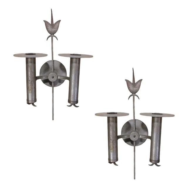 Pair of High Style Geometric Art Deco Silver Plate Bronze Wall Sconces (1 of 6)