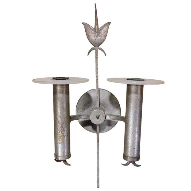 Pair of High Style Geometric Art Deco Silver Plate Bronze Wall Sconces - 2