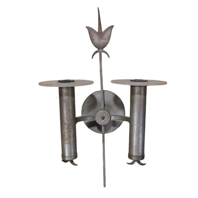 Pair of High Style Geometric Art Deco Silver Plate Bronze Wall Sconces - 3