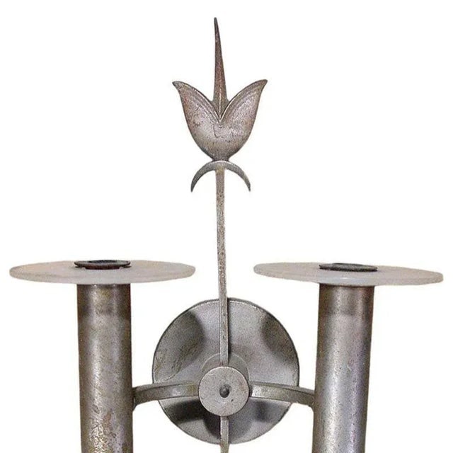 Pair of High Style Geometric Art Deco Silver Plate Bronze Wall Sconces - 4