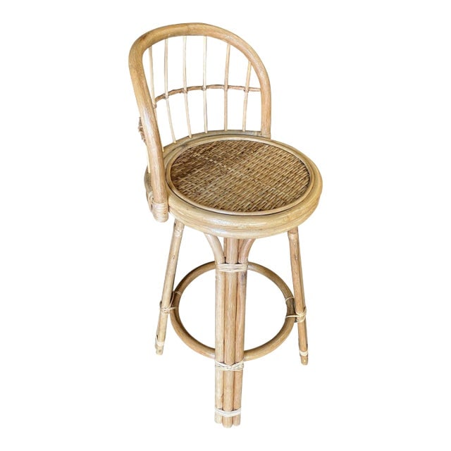 Restored 3-Strand Rattan Bar Stool W/ Stick Reed Rattan Back: Title: Restored 3-Strand Rattan Bar Stool W/ Stick Reed Rattan Back Description: Rattan bar stool with woven wicker seats and 3-strand rattan pull legs. The stool comes with a fully formed backrest co