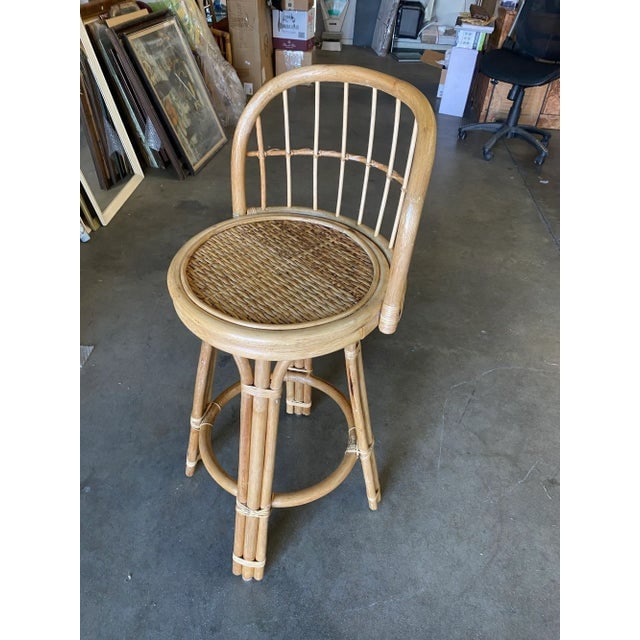 Restored 3-Strand Rattan Bar Stool W/ Stick Reed Rattan Back - 2