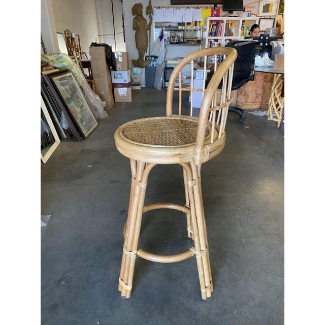 Restored 3-Strand Rattan Bar Stool W/ Stick Reed Rattan Back - 4