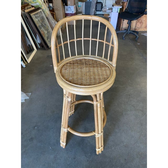 Restored 3-Strand Rattan Bar Stool W/ Stick Reed Rattan Back - 5