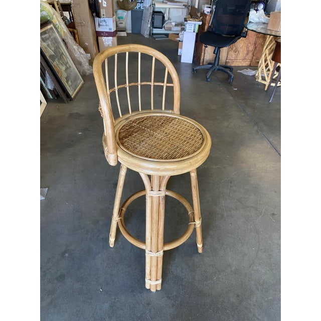 Restored 3-Strand Rattan Bar Stool W/ Stick Reed Rattan Back - 7