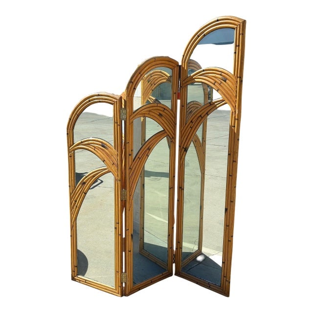 1950s Restored 3-Panel Art Deco Palm Frond Design Rattan Mirror Folding Screen (1 of 8)