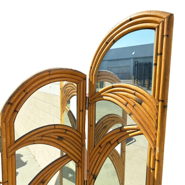 1950s Restored 3-Panel Art Deco Palm Frond Design Rattan Mirror Folding Screen - 3