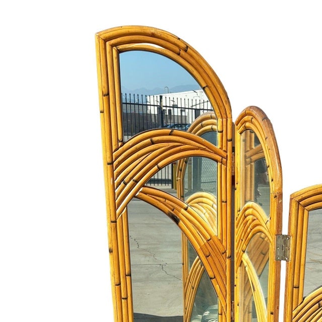 1950s Restored 3-Panel Art Deco Palm Frond Design Rattan Mirror Folding Screen - 5