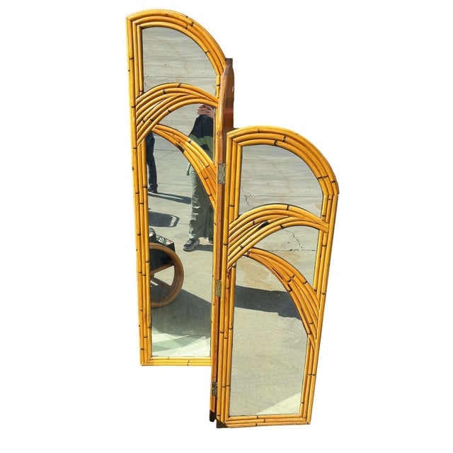 1950s Restored 3-Panel Art Deco Palm Frond Design Rattan Mirror Folding Screen - 6