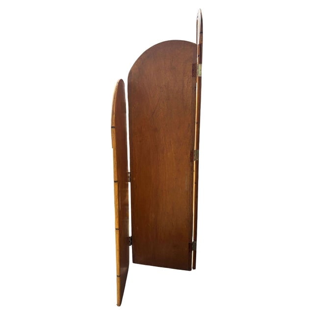 1950s Restored 3-Panel Art Deco Palm Frond Design Rattan Mirror Folding Screen - 8