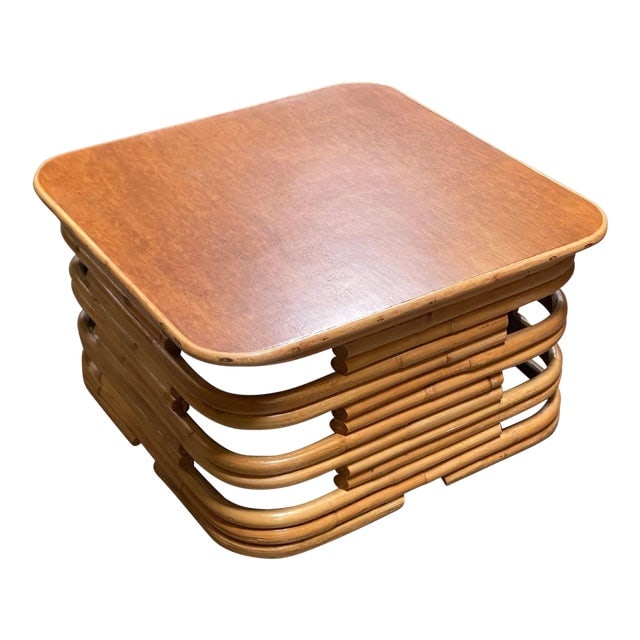 Restored 1940s Stacked Rattan Coffee Table with Rattan Wrapped Mahogany Top (1 of 10)