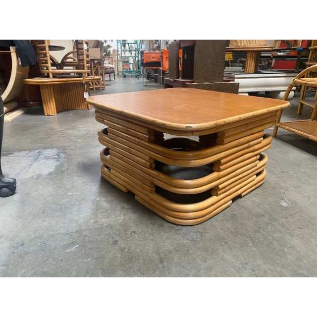 Restored 1940s Stacked Rattan Coffee Table with Rattan Wrapped Mahogany Top - 3