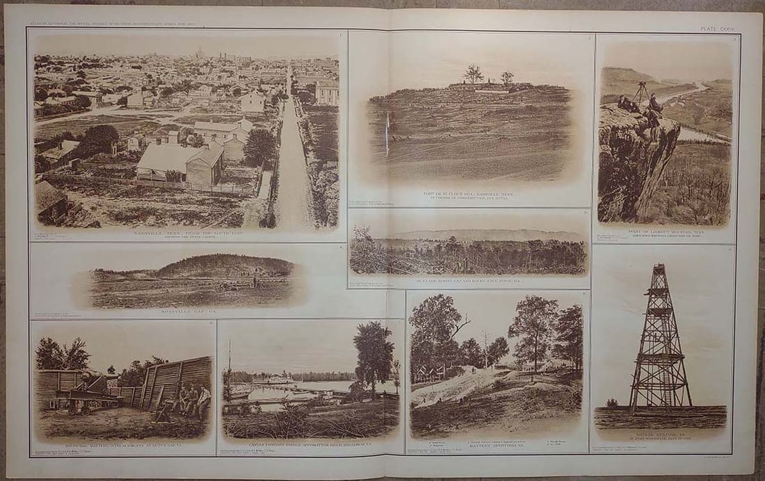 Nine Sepia Views After Photographs of Military Locations and Activities in Tennessee and Virginia.: Publication Date:1892 Title:Nine Sepia Views After Photographs of Military Locations and Activities in Tennessee and Virginia. Includes Birdseye View, Nashville, Tenn., from the South-East, Showing