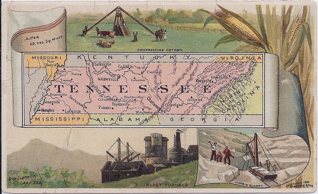 Tennnessee: Publication Date:1889 Title:Tennnessee,li>Cartographer:DONALDSON BROS. Publisher:ARBUCKLE BROS. Brief Description:No. 73 map and color lithograph of blast furnace, marble quarry, compressing cotton. D
