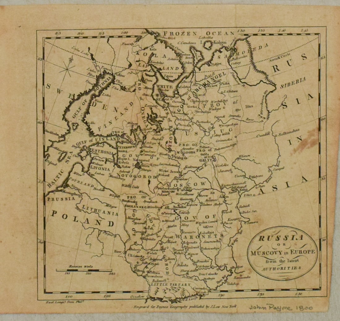 1800 Payne Map of Russia in Europe -- Russia or Muscovy in Europe…: Title:1800 Payne Map of Russia in Europe -- Russia or Muscovy in Europe…,li>Cartographer:J Payne Year/Place:1800, New York Map Dimension (in.):8.4 X 7.8 in. Description:This is a handsome map