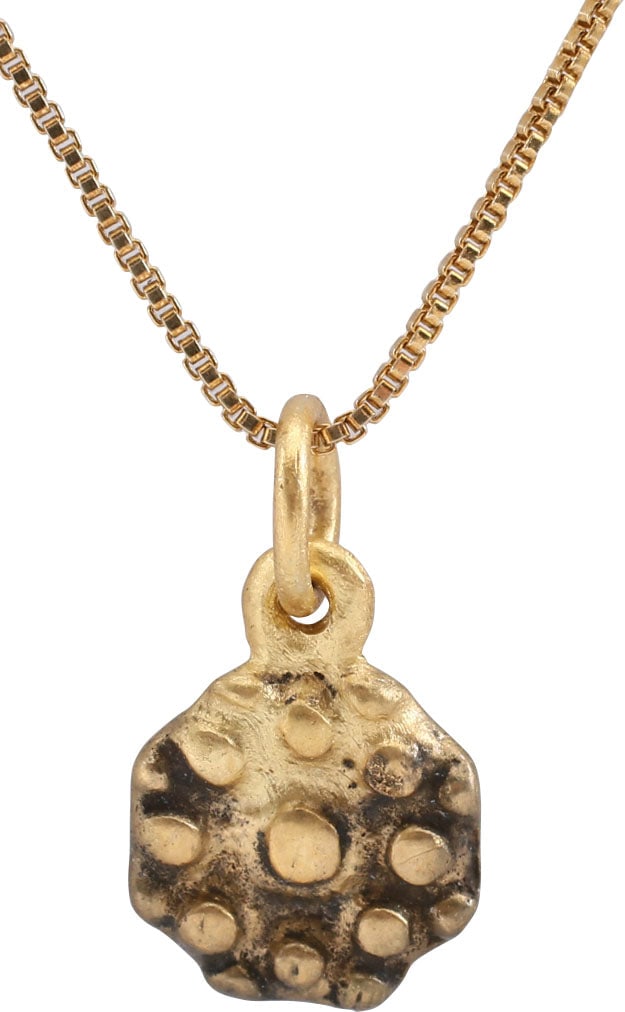 ROMAN WHEEL OF FORTUNE AMULET NECKLACE, 3RD-6TH CENTURY AD: The Wheel of Fortune (Rota Fortuna) is one of the most enduring of ancient philosophical or religious concepts. It was pivotal in Ancient Greek and Roman Paganism and smoothly transitioned into Christ