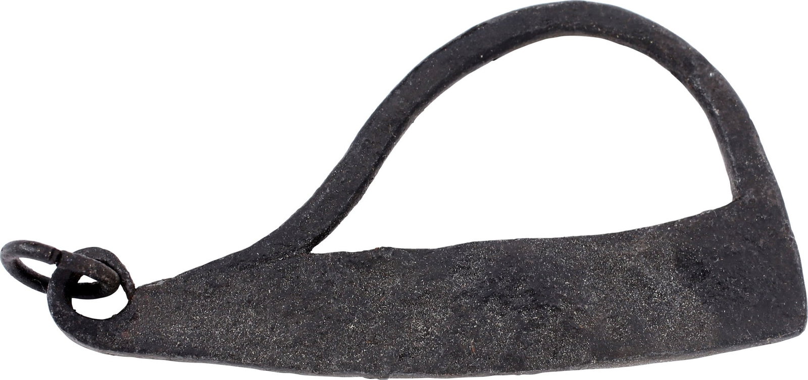 VIKING FLINT STRIKER, C.850-1100 AD: Forged iron 3 1/8" length with tapered striking bar with angled terminal and looped finger grip. The curvilinear form is reminiscent of the shape of the Viking long warship. The opposite end with scro
