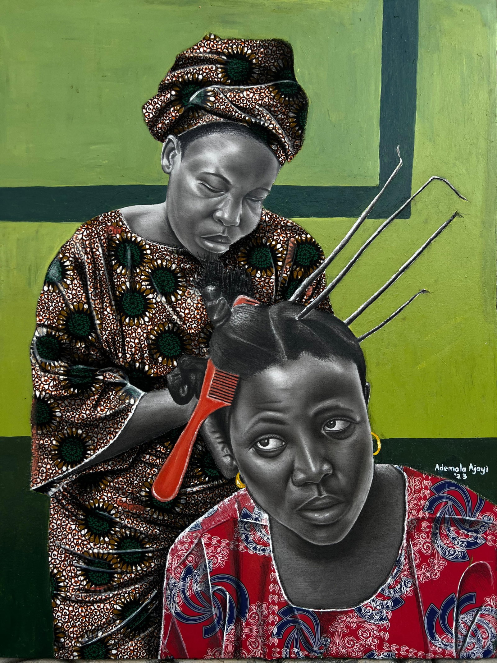 Ademola Clement Ajayi, For Tomorrow's Festival, 2023: Creator: Ademola Clement Ajayi (Nigerian) Creation Year: 2023 Dimensions: Height: 40 in (101.6 cm)Width: 30 in (76.2 cm)Depth: 1 in (2.54 cm) Medium: Fabric,Canvas,Charcoal,Acrylic,Pencil Movement &