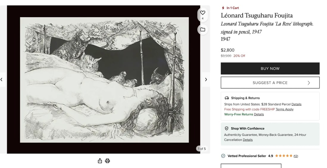 PICASSO, FINI, FOUJITA, 3 ORIGINALS APPRAISED FOR OVER 5,000.00 - 6