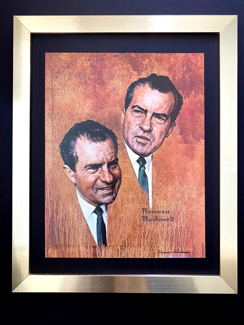 NORMAN ROCKWELL + RICHARD M. NIXON + CIRCA 1970'S + SIGNED PRINT FRAMED: We have for Sale this Norman Rockwell AWESOME 1970's PRINT " Richard M. Nixon " FACSIMILE SIGNED IN INK SIZE OF THE PRINT IS ABOUT: 9 X 8 in GOLDEN WOOD FRAME COVERS AN AREA OF 16 X 13 in MOUNTED AND 