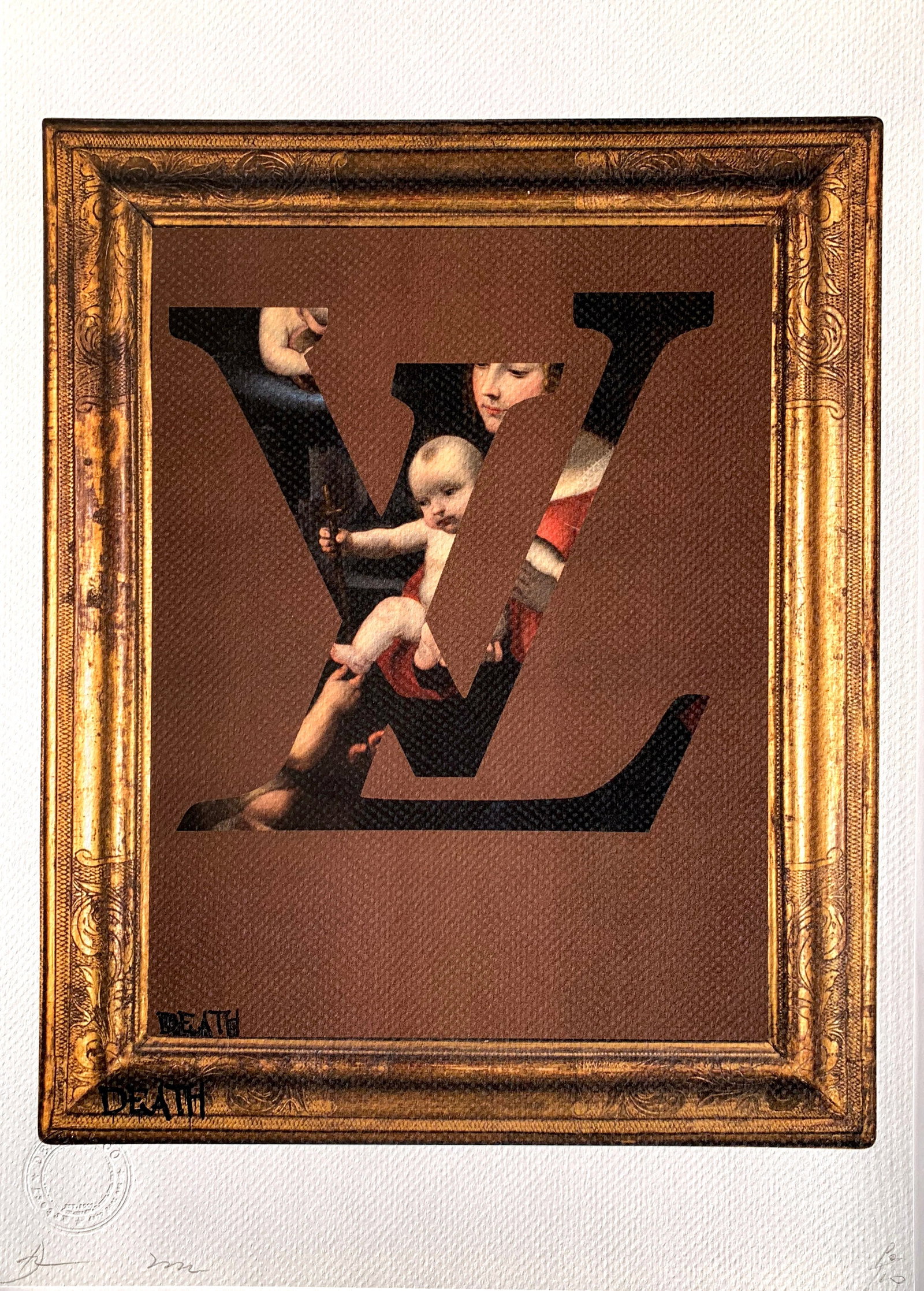 DEATH NYC Louis Vuitton: Title:DEATH NYC Louis Vuitton Date/Period:21st Century Materials:Giclee on Fine art 300 gsm paper Size:17 3/4 x 12 1/2 inches Description:Artist: Death NYC, limited edition giclee on paper, out of