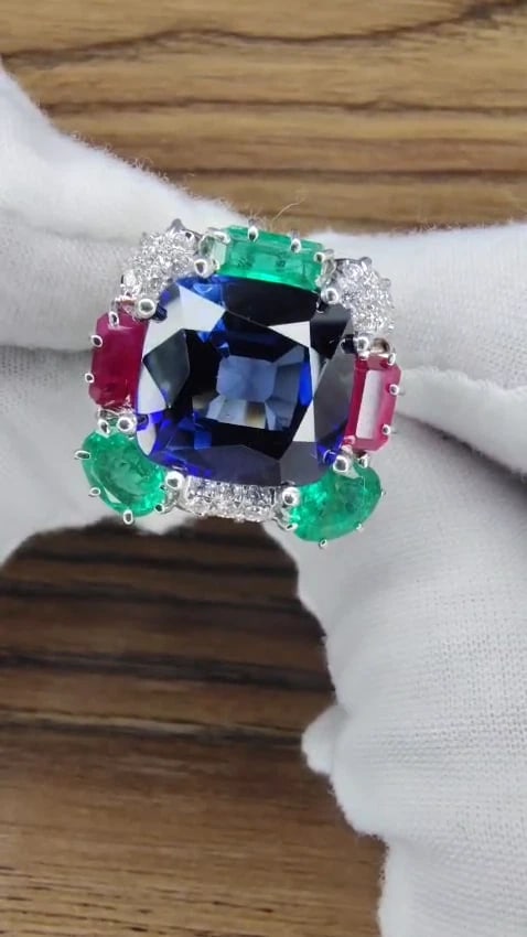18ct Lab Created Sapphire Natural Emerald Ruby Diamonds Ring 18kt gold 47441 *v - 3