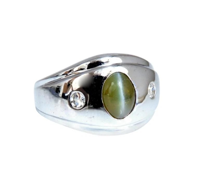 1.55ct.Natural Green Chrysoberyl Cats Eye Diamonds Ring 14 Karat 41974 *v - 2
