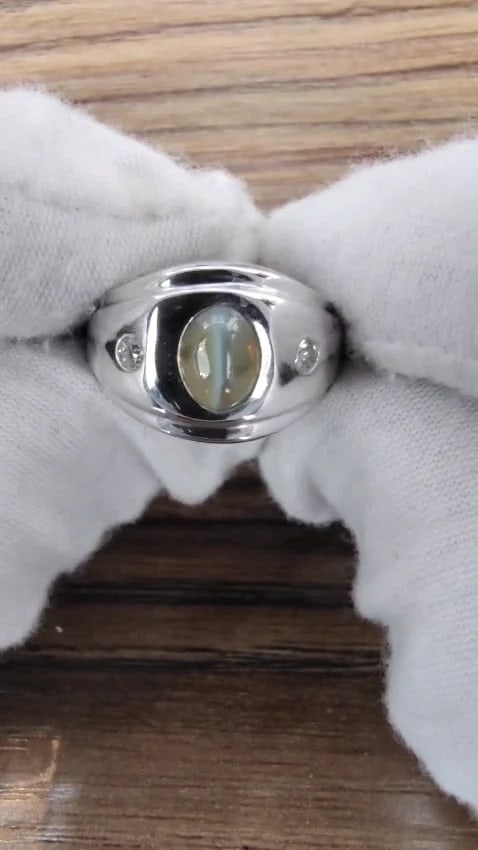 1.55ct.Natural Green Chrysoberyl Cats Eye Diamonds Ring 14 Karat 41974 *v - 3